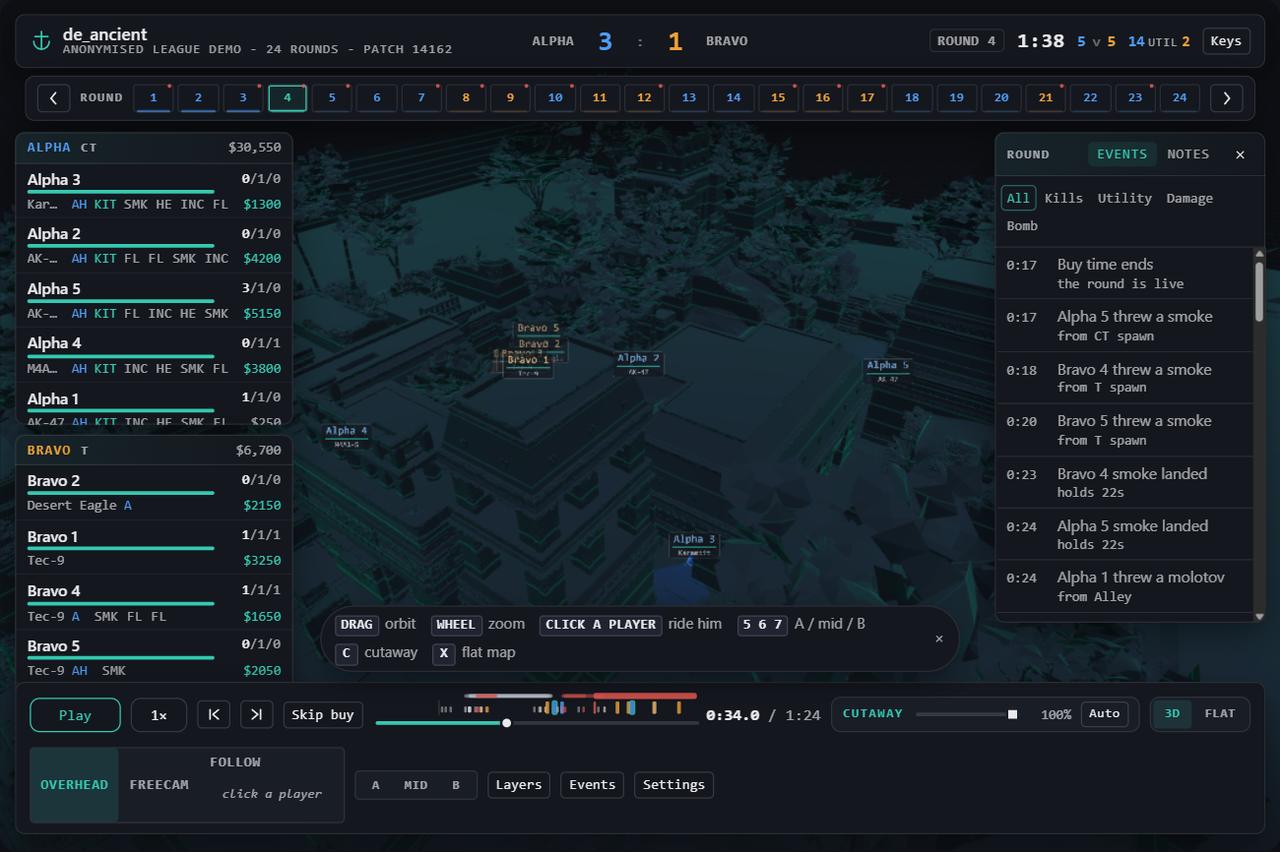 The 3D replay viewer part-way through a round on de_mirage: ten players on a shaded three-dimensional map, with both scoreboards, the round timeline and the playback controls around it.